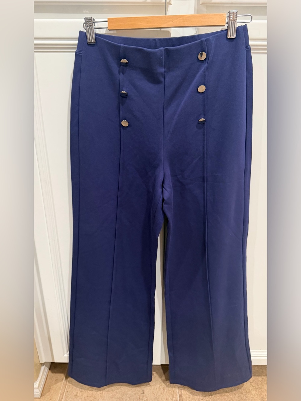 HALARA Navy Blue High-Waist Wide Leg Pants with Button Detail